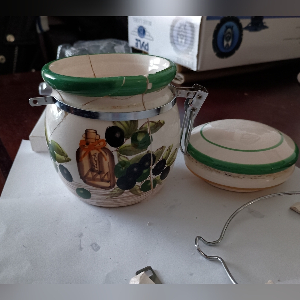 ISO: Ceramic Jar with Green and Black Olive Design